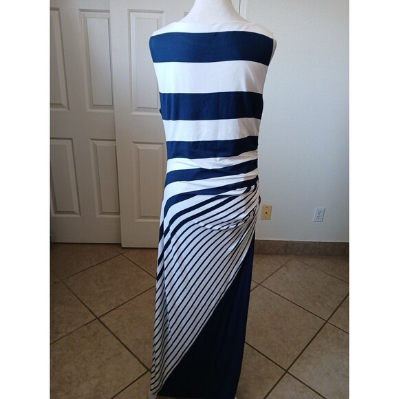 Soft Surroundings Maxi Dress Blue White Stripe Shirred Side M Coastal Nautical - Picture 5 of 16
